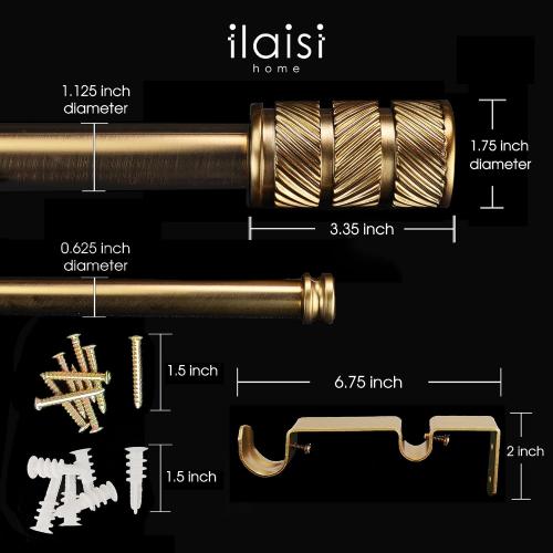 1-1/8 Inch Diameter Antique Gold Curtain Rods with Knurl Design Finial, 72-144 inch Telescoping Double Curtain Rods for window width 68-140 inch, Drapery Rods for Bedroom,Living Room