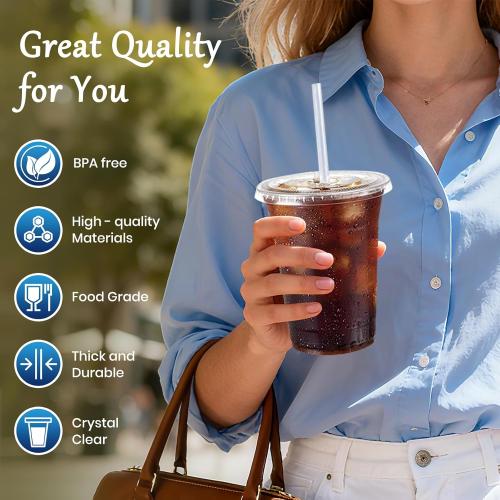 100 Pack 16 oz Clear Plastic Cups with Lids and Straws, [Leak-Proof & Crack-Resistant] Disposable Iced Coffee Cups for Smoothies, Bubble Tea, Juice and Cold Drinks, BPA Free