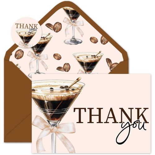 Whaline 24 Pack Espresso Martini Thank You Cards Martini Glasses Coffee Beans Note Card with Envelopes Stickers Brown Greeting Blank Card for Winter Bachelorette Bridal Shower