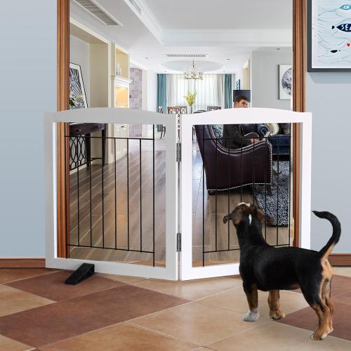ZJSF Freestanding Dog Fence Indoor, Foldable Dog Gate for Doorways, Stairs or Hallways, Sturdy Wood Extra Wide Pet Gate with Support Feet for The House, White, 2 Panels