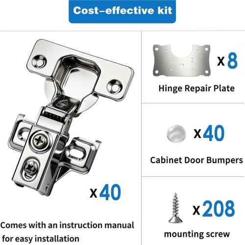 Cabinet Hinges - 40 Pack Soft Close Cabinet Hinges for 1/2 Overlay Cabinet,Stainless 105Deg Opening Face Frame Cabinet Door Hinges with Door Bumper,Cabinet Hinge Repair Plate and Screws