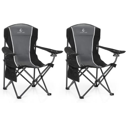 ALPHA CAMP Oversized Camping Folding Chair - Heavy Duty Steel Frame Support 350 LBS, Collapsible Padded Arm With Cup Holder, Quad Lumbar Back, Portable for Outdoor/Indoor