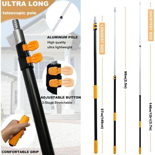 20 Ft  Reach 2 In 1 Window Squeegee Duster with 5-to-12 Foot Extension Pole, Cleaner Tool with 3-Stage Telescoping Pole, Cleaning Kit with Rotatable Head - Chenille Cloth   Microfibre Cloths Head