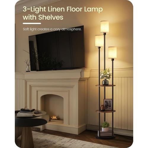 70.9 Floor Lamp with Shelves, Modern Floor Lamp with 3 Linen Shades and Foot Switch, 3-Light Standing Lamp, for Living Room, Bedroom, Study, Office, Rustic Brown and Beige EF53LD05‼️missing pieces‼️