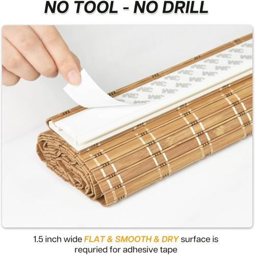LazBlinds No Tools No Drill Bamboo Roller Shades, Cordless Bamboo Blinds, Light Filtering Roll Up Blinds for Windows, French Door, Porch or Patio Privacy Screen, 12'' W x 40'' H, Brown206
