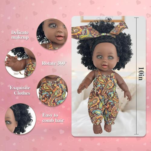 Nice2you Black Baby Doll, 10 inch American African Girl Doll with Dress, Realistic Reborn for Kids Aged 2 3 4 5 6, Silicone Small Toy Curly Hair Birthday Gift, Brown, BD-1