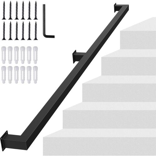 6FT Square Tube Handrail for Indoor Stair,Matte Black Industrial Metal Stair Rail,500LBS Load Capcity Wall Mount Stair Hand Rail for Child,Seniors,Pregnant,Non-Slip Outdoor Iron Stair Rail,2 Section