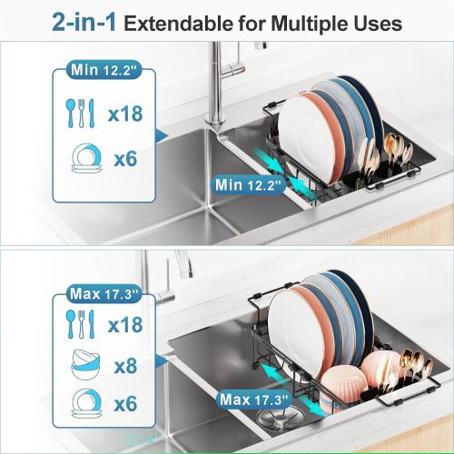 iSPECLE Small Sink Dish Drying Rack, 9 W Expandable Compact Rust Resistant Dish Drainer for RV Apartment Kitchen, Dish Rack with Lock Knob, Arms with Non Slip Rubber, Black