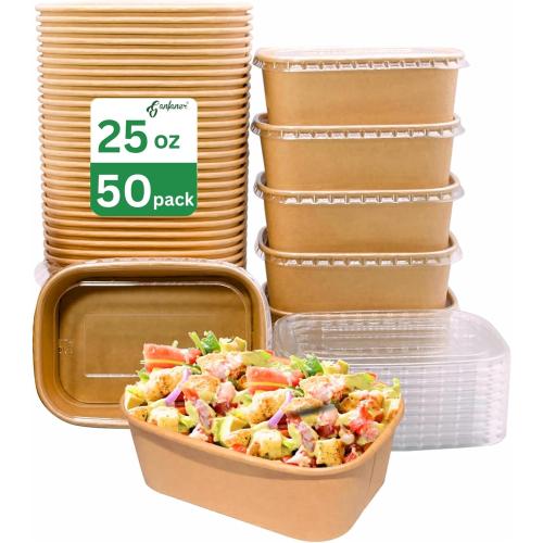 25 oz Disposable Bowls, 50 Sets Large Kraft Square Paper Bowls, Disposable Meal Prep Food Container with Sealing Lid, Microwave Safe Leakproof Serving Bowls, Perfect for Party Lunch Hot Soup