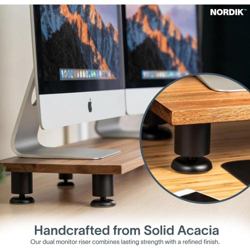 Nordik Large Dual Monitor Riser for 2 - 42.5 Inch Premium Handmade Hardwood Acacia Computer - Wood Shelf Desk Organizer Television - Laptop TV Stand with Storage Organizer for Desk Accessories (Brown)