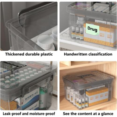 15qt Multi-Color Clear Medicine Organizer Storage Box (with Tray) - Thickened Plastic Empty First Aid Case   Handle | Portable Multipurpose Medical Caddy (Gray)