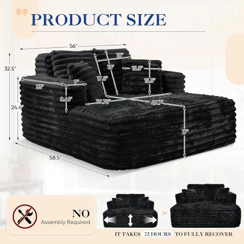 Oversized Chaise Lounge Indoor, Modern Plush Corduroy Fabric Deep Seat Boneless Memory Foam Sleeper Chaise Lounge Sofa Chair with Pillows for Living Room Bedroom Studio, No Assembly Couch, Black