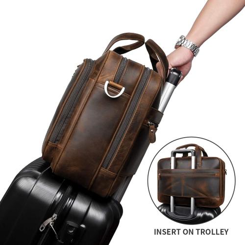 Dark Brown Augus Business Travel Briefcase Genuine Leather Duffel Bags for Men Laptop Bag fits 15.6 inches Laptop YKK Metal Zipper (Dark brown)