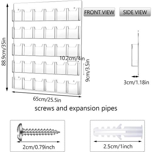 Acrylic Brochure Pamphlet Holder - Clear Display Stand with Multi Slot Rack, Wall Mount Pocket for Literature Menu Document Flyer Advertise Supplies (30 Pockets)