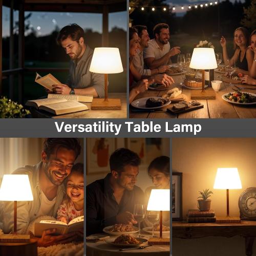 Cordless Table Lamp Waterproof,4000mAh Battery Rechargeable Desk Lamp for Indoor & Outdoor Use,3 Color-temps & Dimmable LED Night Light for Shower Bedroom Restaurant Bathroom Home 10.8H- Wood Grain