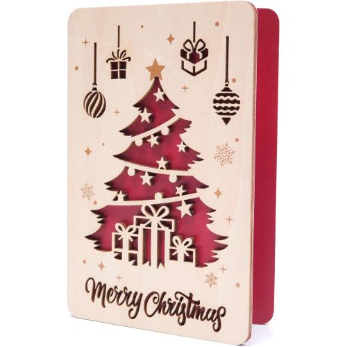 Wooden Christmas Greeting Card, Handmade Merry Christmas Card 2025, Festive Laser Cut Wood Art for Home and Tree Decor, Unique Holiday Gift for Friends and Family (Style 1)
