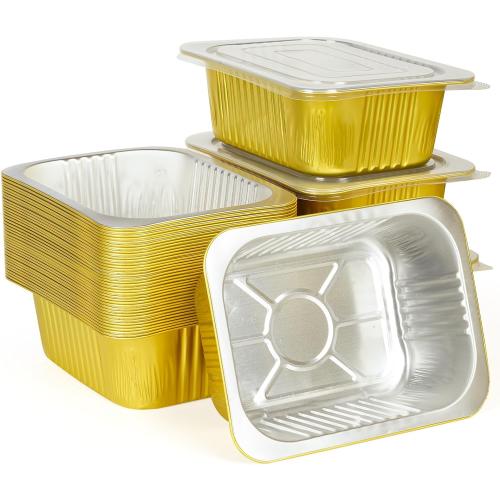 40 Pack Gold Aluminum Foil Pans with Lids,  Heavy Duty Aluminum Foil Baking Pans, Tin Foil Food Container for Baking, Heating, Cooking, Roasting, Meal Prep, Freezer
