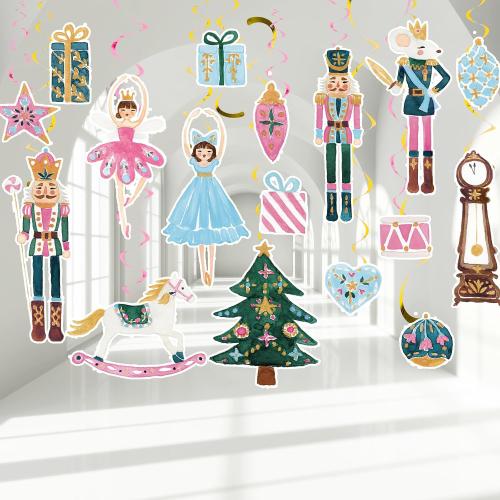 JarThenaAMCS 35Pcs Christmas Nutcracker Hanging Swirls Decoration Watercolor Pink Nutcracker Xmas Cartoon Ceiling Spiral Streamers Ornaments for Home Party Wall Supplies