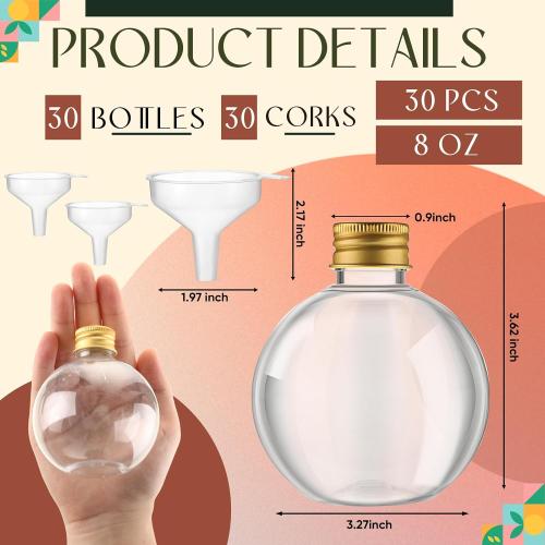 Jinei 30 Packs 8 oz Spherical Plastic Potion Bottles Ball Shape Sand Bottles Clear Plastic Cocktail Ornament Balls with Funnels for DIY Wedding Party Gift Crafts Decoration(Lid,Gold)