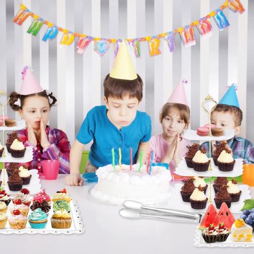 6 Pieces Cupcake Stand Set with 2 x 3 Tier Cupcake Stands, 3 x Appetizer Trays, 1x Tongs, Dessert Table Display Set for Wedding Birthday Baby Shower Tea Party (Square)