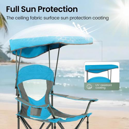 HIGH POINT SPORTS Canopy Camping Chairs with Shade Canopy Enamel Blue | Heavy Duty Canopy Lounge Chair, Sunshade Outdoor Lawn Chair, with Cup Holder for Outdoor, Camping, Beach and Patio