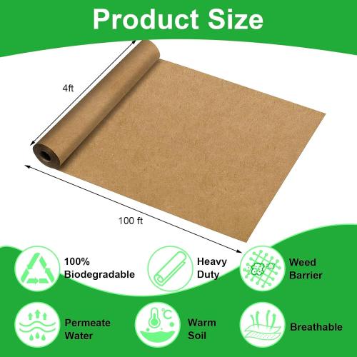 Biodegradable Paper Weed Barrier Roll, Thickened Tear Resistance Garden Weed Barrier Heavy Duty Garden Paper Weed Control Landscape Paper Mulch Weed Mat for Outdoor Garden Lawn (4 x 100 FT)
