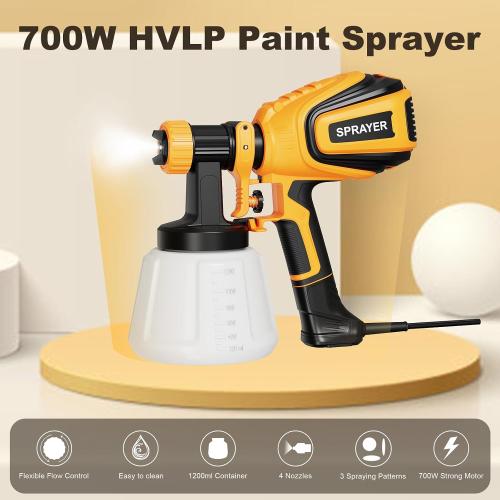 Black and Yellow Paint-Sprayer-700W HVLP Spray Gun, Easy to Clean, with 4 Copper Nozzles & 3 Spray Patterns,Ideal Paint Sprayer for Furniture, Cabinets, Fences, Decks, Walls, DIY Projects, etc. PB009-Y