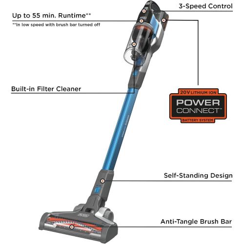 BLACK DECKER Cordless Vacuum, Powerseries Extreme, Stick Vacuum Cordless Rechargeable, Interchangeable Floorhead with Crevice Attachment, 3 Speed Control, Lightweight, Blue (BSV2020G)