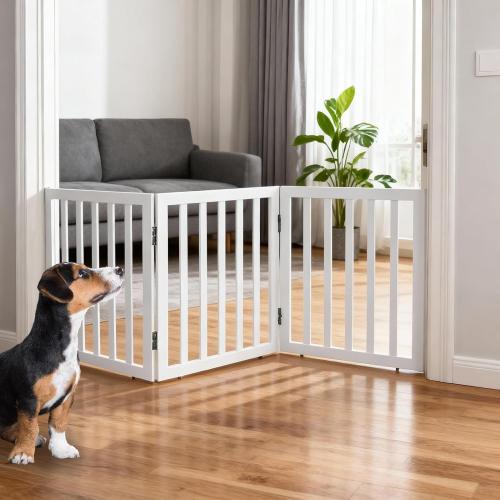 ZJSF Freestanding Indoor Dog Gate for House Foldable Wood White Puppy Gate for Doorways Pet Gate for Stairs Extra Wide Pet Fence 24 Height 3 Panels
