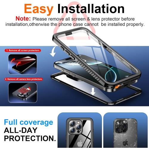 SPIDERCASE for iPhone 16 Pro Case Waterproof,Black/Clear | Built-in Lens & Screen Protector, Full Heavy Duty Protection, 12FT Military Shockproof, Dustproof, Anti-Scratched Case