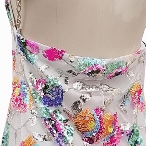 Size Large Color White Sunfere Women's Sequin Dress Sexy Sparkly Floral Summer Backless Deep V Low-Cut Shiny Strap Mini Dress for Party Cocktail Clubwear