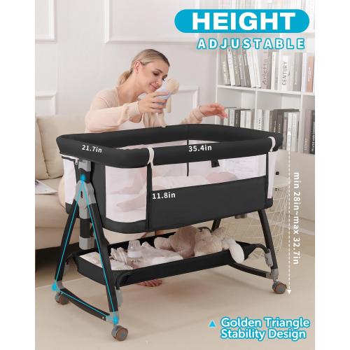 3 in 1 Baby Bassinet, Bedside Crib with Breathable Mesh, Bassinet Bedside Sleeper with Wheels, Mosquito Net, Storage Basket, 6 Height Adjustable, Easy to Fold, Rocking Bassinet for Baby, Black
