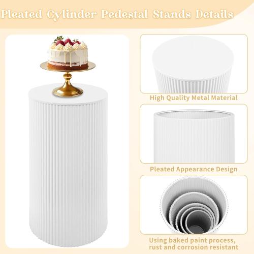 Fivenl 5 Pcs Metal Pleated Cylinder Pedestal Stands for Party, Heavy Duty White Round Cake Pedestal Stand Flower Plant Display Plinth Pillars for Wedding Birthday Event Decor
