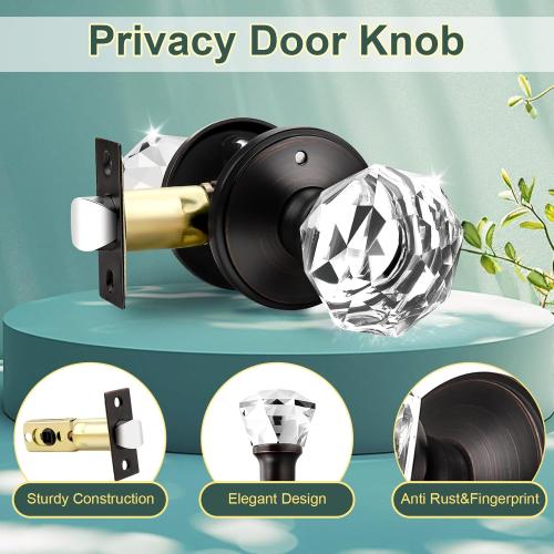 1 Pack Clear Crystal Door Knob, Inspired Decorative Oil Rubbed Bronze Door Knobs for Interior Doors, Unique Fancy Glass Privacy Door Knobs for Bedrooms and Bathrooms