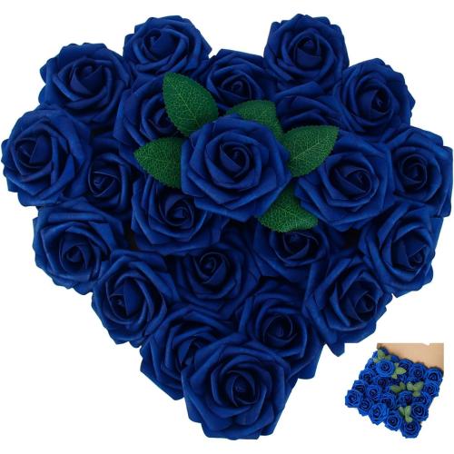 [25PCS] Navy Blue Roses Artificial Flowers with Long Stem Real Touch Fake Foam Roses for Decoration DIY Wedding Bouquets Centerpieces Bridal Shower Flower Arrangements Home Decor