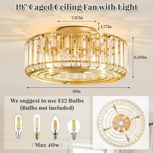 Fandelier Ceiling Fan with Lights and Remote,19 E12 Chandelier Ceiling Fan with Light, 6 Speed 3 Timer Quiet Caged Ceiling Fan with Lights for Bedroom,Living Room,Kitchen,Farmhouse (Gold)