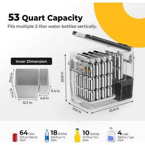 BougeRV 12V Portable Refrigerator Fridge Freezer Portable Car Fridge 53 Quart Electric Cooler12V/24V DC 110~240 V AC for RV Truck Pickup SUV Van Boat Camping Tailgating Road Trip Outdoor Travel
