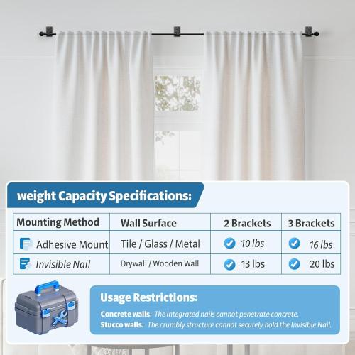 No Drill Curtain Rod for Windows 25 to 86 Inch - 2.0 Dual-Fix Adhesive & Invisible Nail, 5/8 Adjustable Black Curtain Rod No Drilling, Renter Friendly for Apartments & Dorms