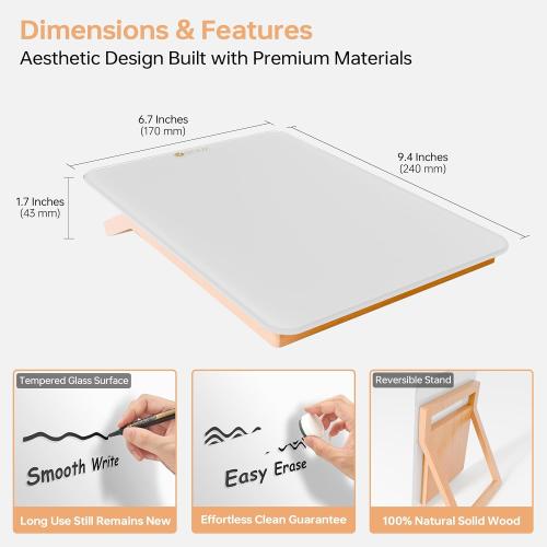 Desktop Glass Whiteboard with Reversible Wood Stand, Small White Board, Mini Dry Erase Whiteboard Easel for Desk, Reusable Desk Notepad 9.5x6.7 for Home, Office, Accessories Included, Yeoux