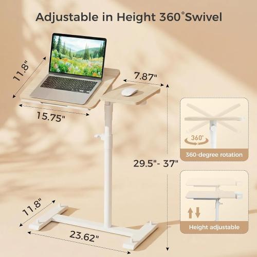 YUHFERA Rolling Table for Laptop Stand, Height and Angle Adjustable Over Bed Table with Wheels, Tilt-Top Laptop Desk for Couch with Cup Holder, Bed Table Tray for Eating (Oak)