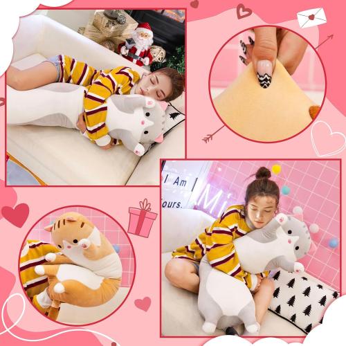 Cute Cat Plush Long Body Pillow – Soft Cartoon Stuffed Animal Doll, Kawaii Cat Plushie Valentines Day Gifts for Kids, Girls & Girlfriend (Gray, 19.7 Inch)