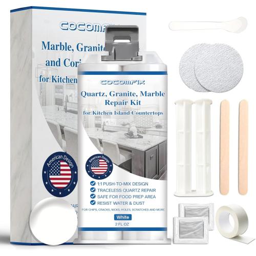Quartz Countertop Repair Kit(White), Quick-Drying Quartz Chip Repair Kit for Edge Chips, Cracks, Scratches and Holes on Quartz, Marble, Granite, Porcelain and Other Stone Surfaces