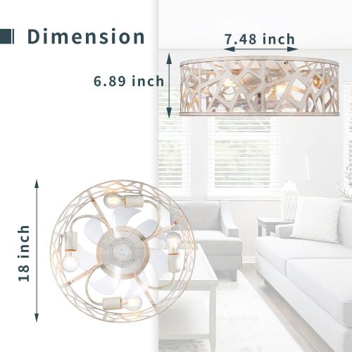 Flush Mount Fandelier Ceiling Fan with Lights and Remote, 18 inch Caged Ceiling Fan with Light Vintage White, Farmhouse Ceiling Fans for Bedroom, Kitchen, Living Room