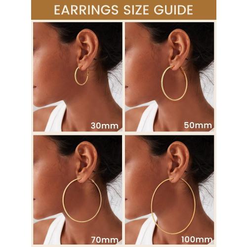 KeyStyle Gold Hoop Earrings for Women, Stainless Steel Hoops Earring Lightweight Loops, 2 mm Thick Hypoallergenic Circle Endless Thin Hoop (30 mm,50 mm,70 mm,100 mm)