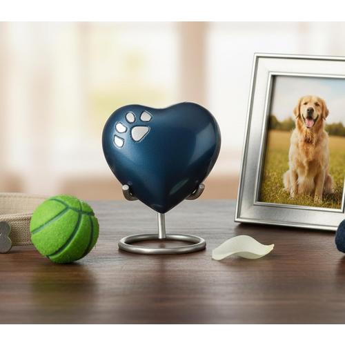eSplanade Brass Mini Cremation Heart-Shaped Keepsake Memorial Jar Pot Container | Small Urn for Funeral Ashes Burial | Paws Engraved Metal Keepsake with Stand | Dark Blue - 2.75 Inches