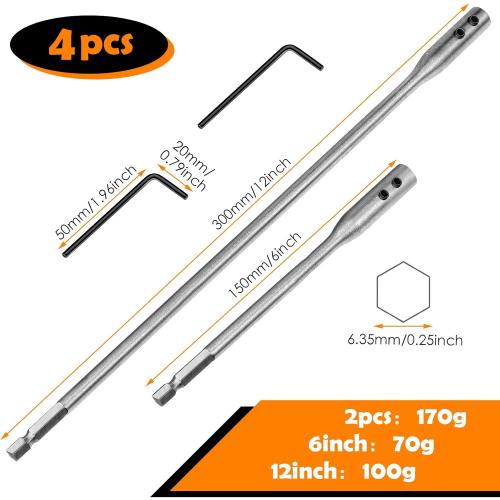 Hotop 4 Pieces 1/4 Extension Drill Bit Set Wood Spade Drill Bit Extension, 6 and 12 Inches with 2 Pieces Key, Use with High-Carbon Steel Wood Spade