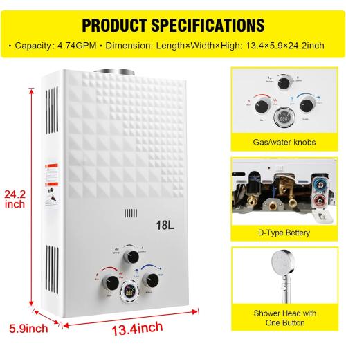 Tankless Water Heater Propane 4.74GPM 18L Outdoor Portable GasHot Water Heater Instant Propane Water Heater with Digital Display Multi-Protection for Camping Trips Boat
