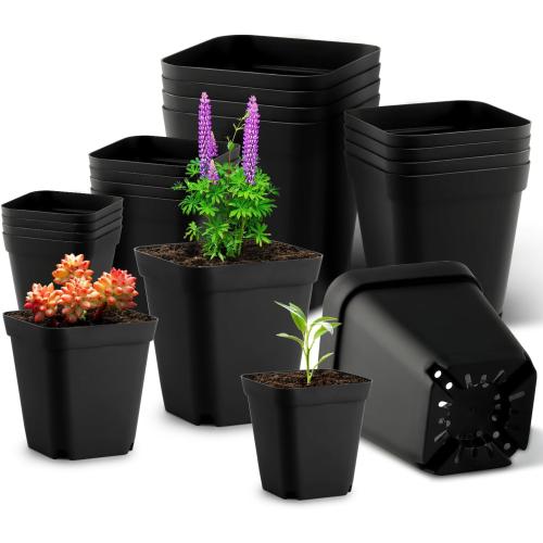 Square Nursery Pots (2.7, 3, 3.5, 4) with Drainage Holes 20 Pcs, Plastic Seed Starting Pots, Sturdy and Durable Seedling Pots for Planting, Cuttings and Transplanting, Black