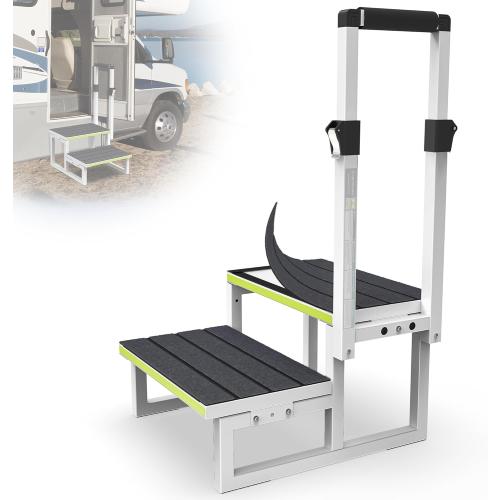 RV Steps with Handrail, Adjustable for Both Sides, 2 Step Stool with Handle for Elderly w/Wide Platform & Anti-Slip Mats, Portable Stairs for Hot Tub/Camper/SPA Pool/Pet Stairs