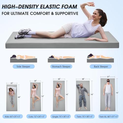 GREY CYMULA Memory Foam Camping Mattress Pad,3inch Sleeping Pad for Camping,Non-Slip Bottom Floor Cot Car Mattress Bed with Retaining Portable Roll up Mattress Pad Mat for Travel Truck Guest Bed Tent